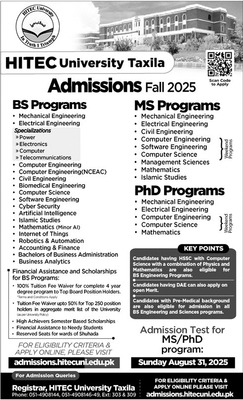 Admission Open in HITEC University Taxila